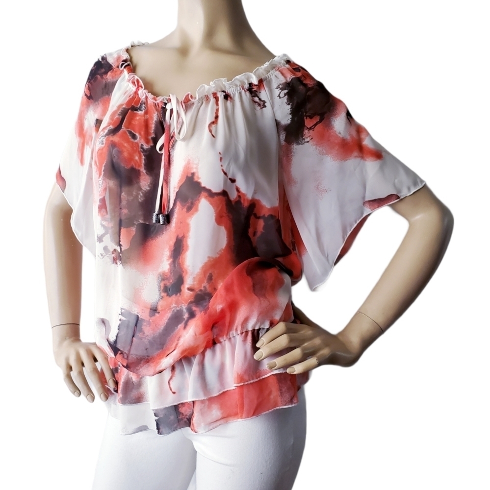 AB Studio Red & White Ruffled Chiffon Blouse - Picture 3 of 8